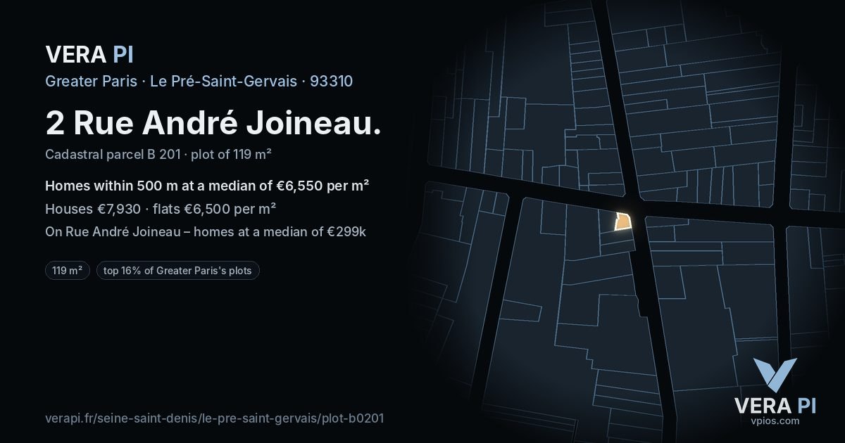 2 Rue André Joineau, Le Pré-Saint-Gervais at night – the plot lit, the parcels around coloured by the prices near them