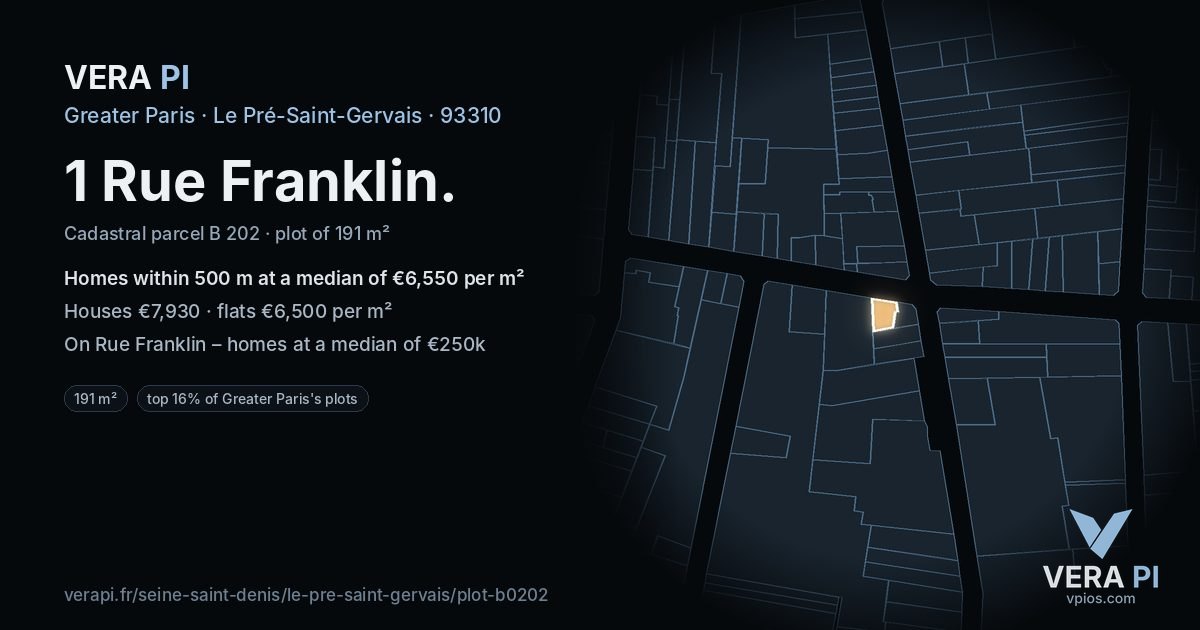 1 Rue Franklin, Le Pré-Saint-Gervais at night – the plot lit, the parcels around coloured by the prices near them