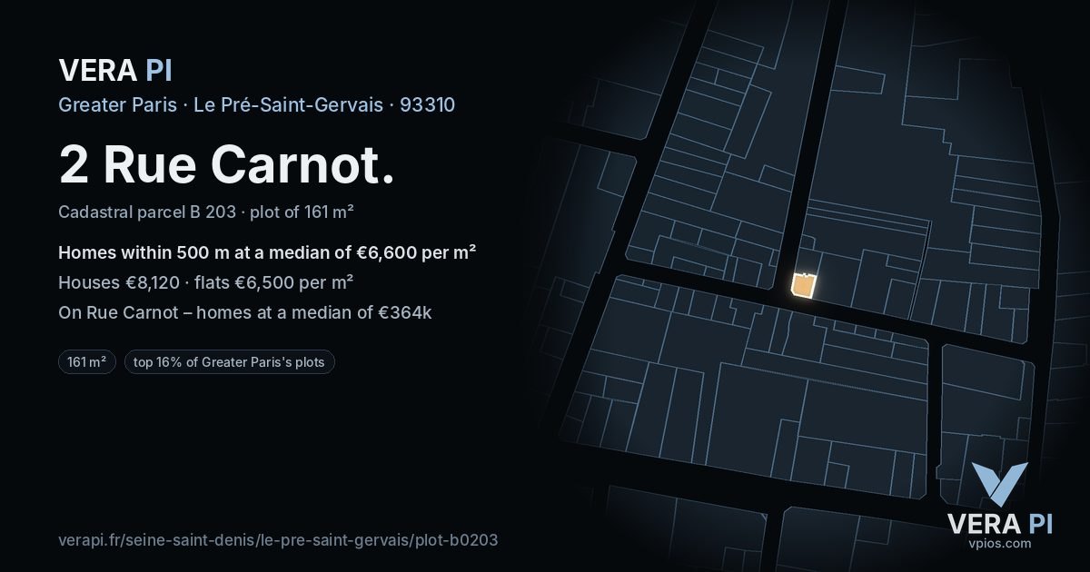 2 Rue Carnot, Le Pré-Saint-Gervais at night – the plot lit, the parcels around coloured by the prices near them