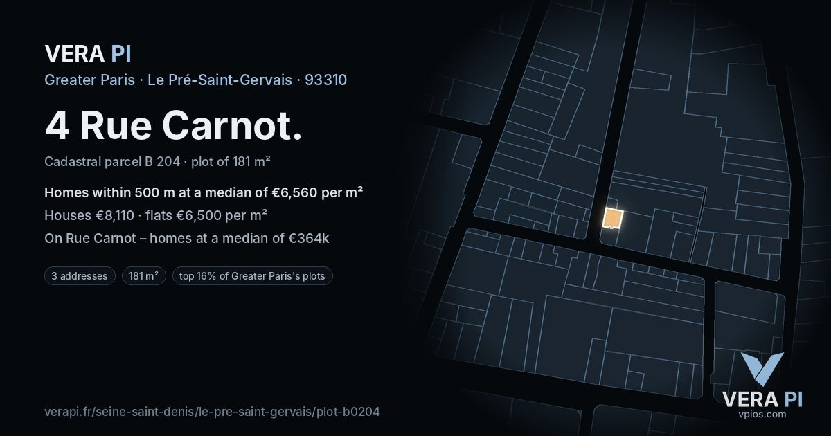 4 Rue Carnot, Le Pré-Saint-Gervais at night – the plot lit, the parcels around coloured by the prices near them