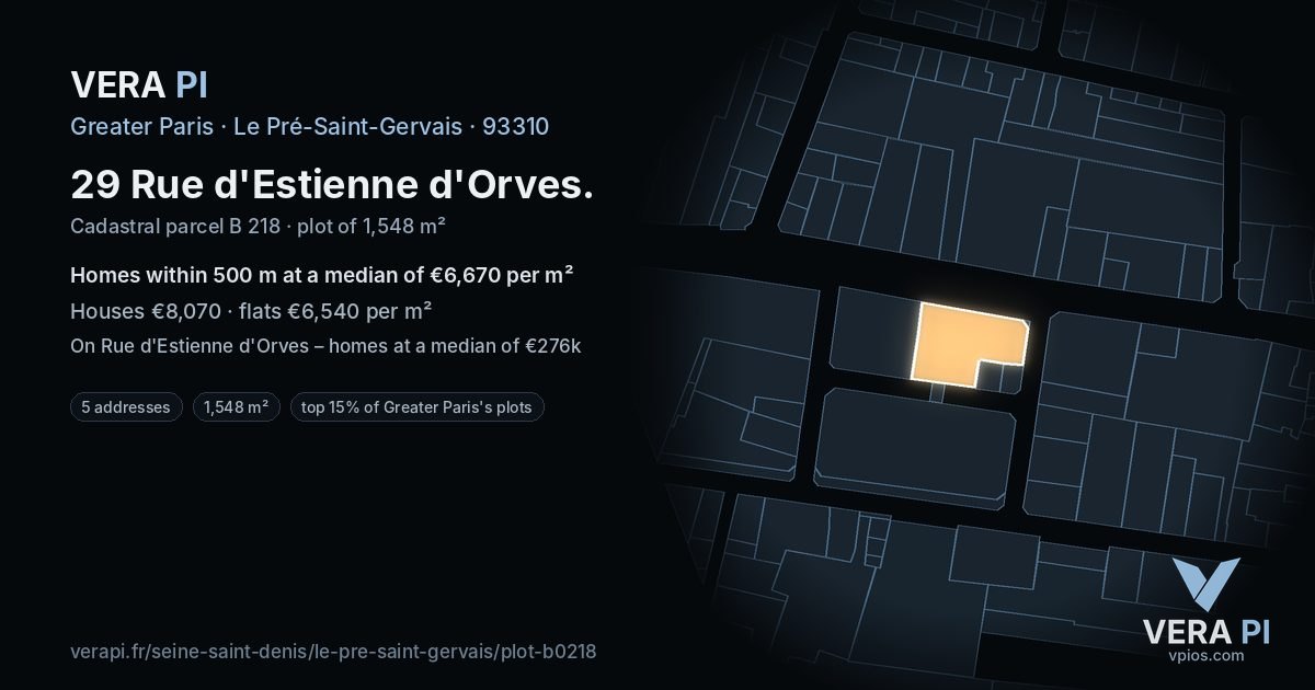 29 Rue d'Estienne d'Orves, Le Pré-Saint-Gervais at night – the plot lit, the parcels around coloured by the prices near them