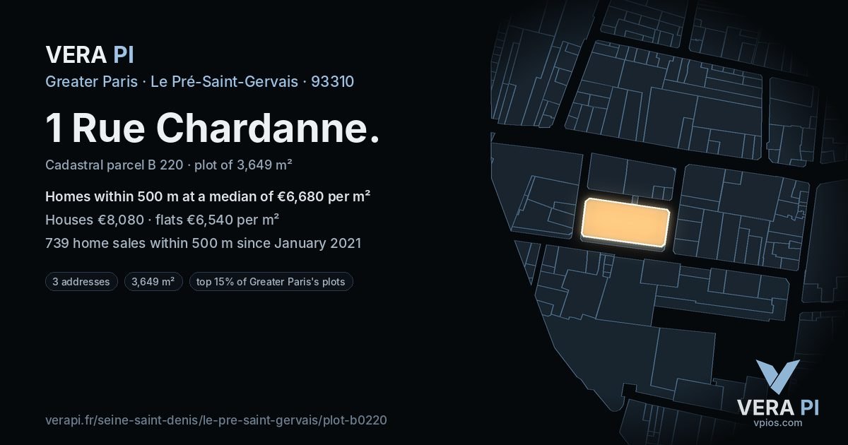 1 Rue Chardanne, Le Pré-Saint-Gervais at night – the plot lit, the parcels around coloured by the prices near them