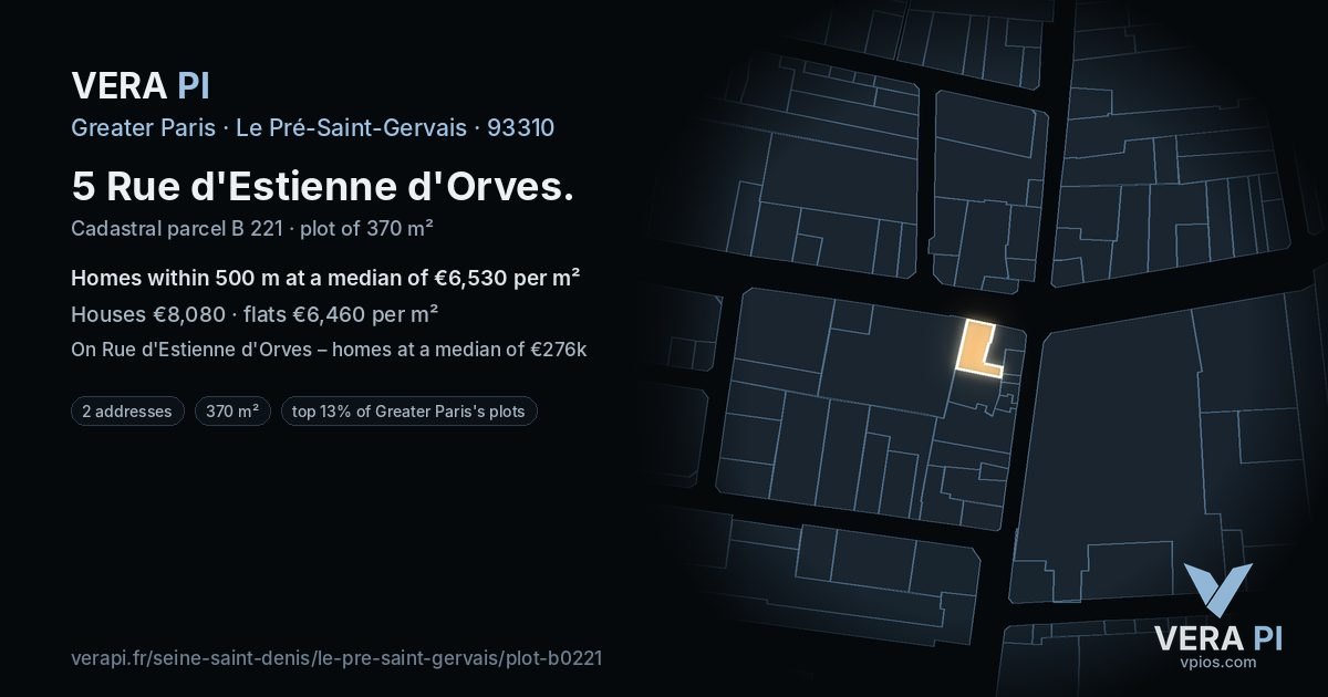 5 Rue d'Estienne d'Orves, Le Pré-Saint-Gervais at night – the plot lit, the parcels around coloured by the prices near them