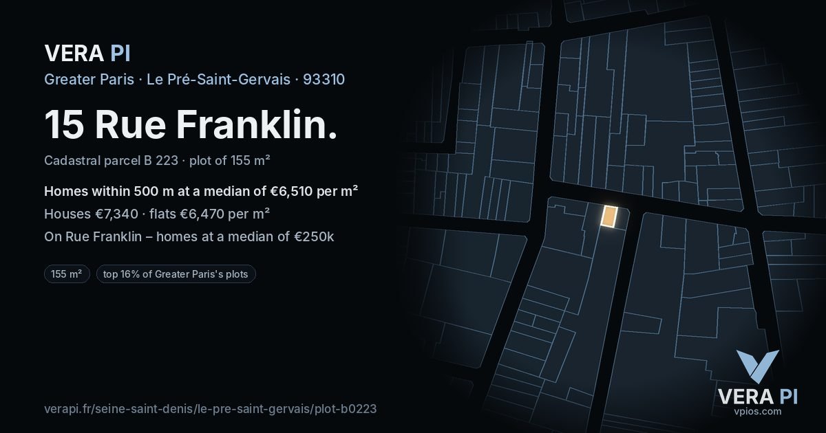 15 Rue Franklin, Le Pré-Saint-Gervais at night – the plot lit, the parcels around coloured by the prices near them