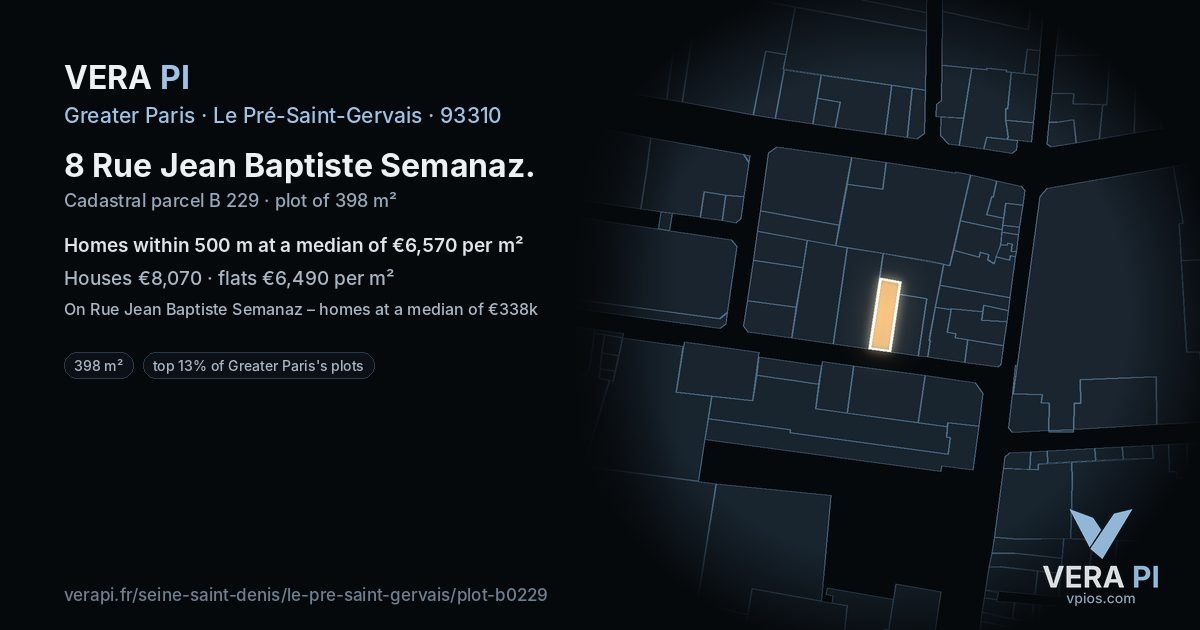 8 Rue Jean Baptiste Semanaz, Le Pré-Saint-Gervais at night – the plot lit, the parcels around coloured by the prices near them