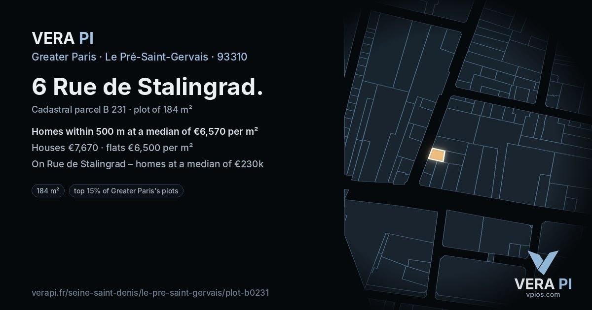 6 Rue de Stalingrad, Le Pré-Saint-Gervais at night – the plot lit, the parcels around coloured by the prices near them