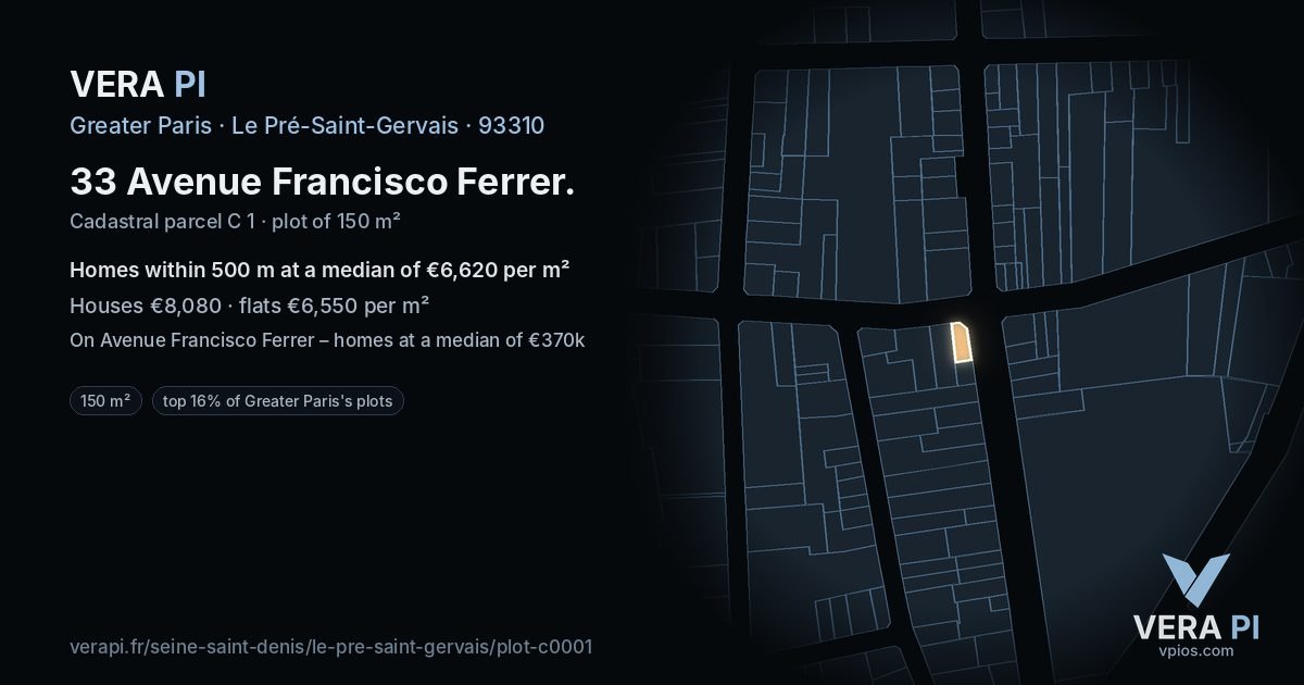 33 Avenue Francisco Ferrer, Le Pré-Saint-Gervais at night – the plot lit, the parcels around coloured by the prices near them
