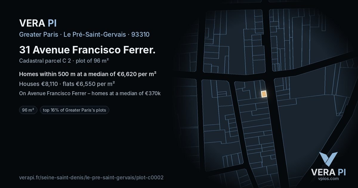 31 Avenue Francisco Ferrer, Le Pré-Saint-Gervais at night – the plot lit, the parcels around coloured by the prices near them