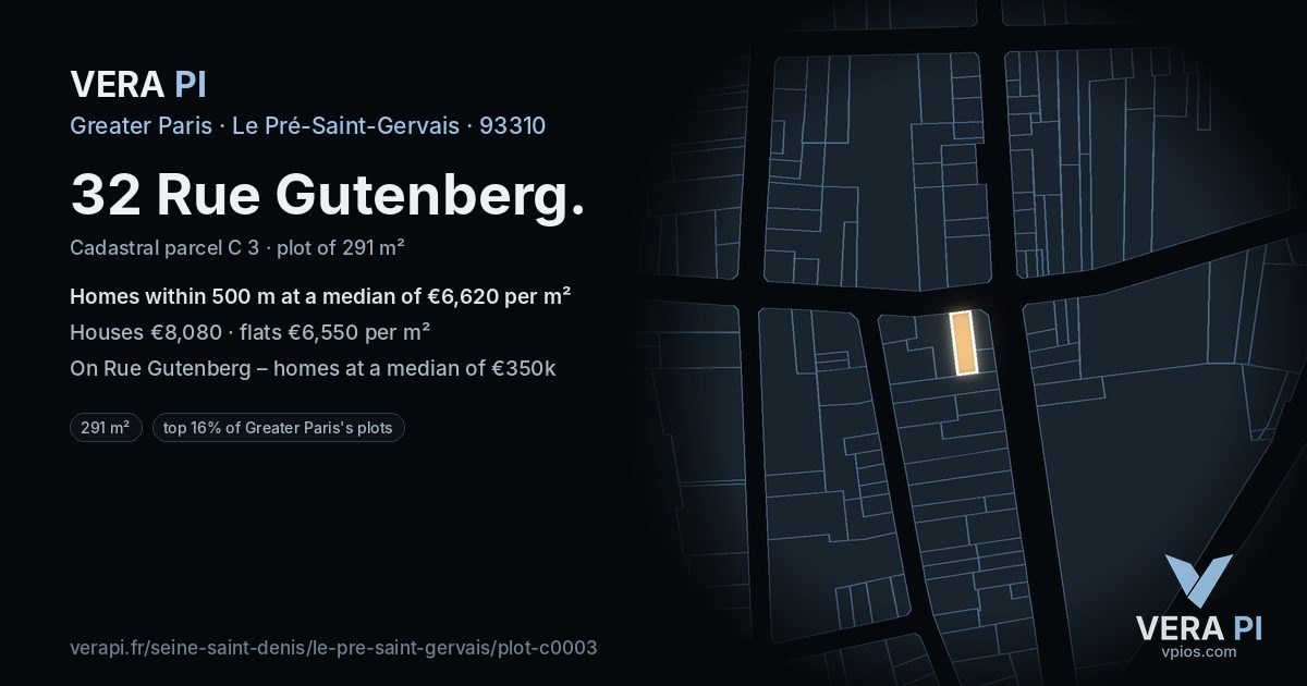 32 Rue Gutenberg, Le Pré-Saint-Gervais at night – the plot lit, the parcels around coloured by the prices near them