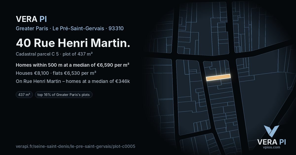 40 Rue Henri Martin, Le Pré-Saint-Gervais at night – the plot lit, the parcels around coloured by the prices near them