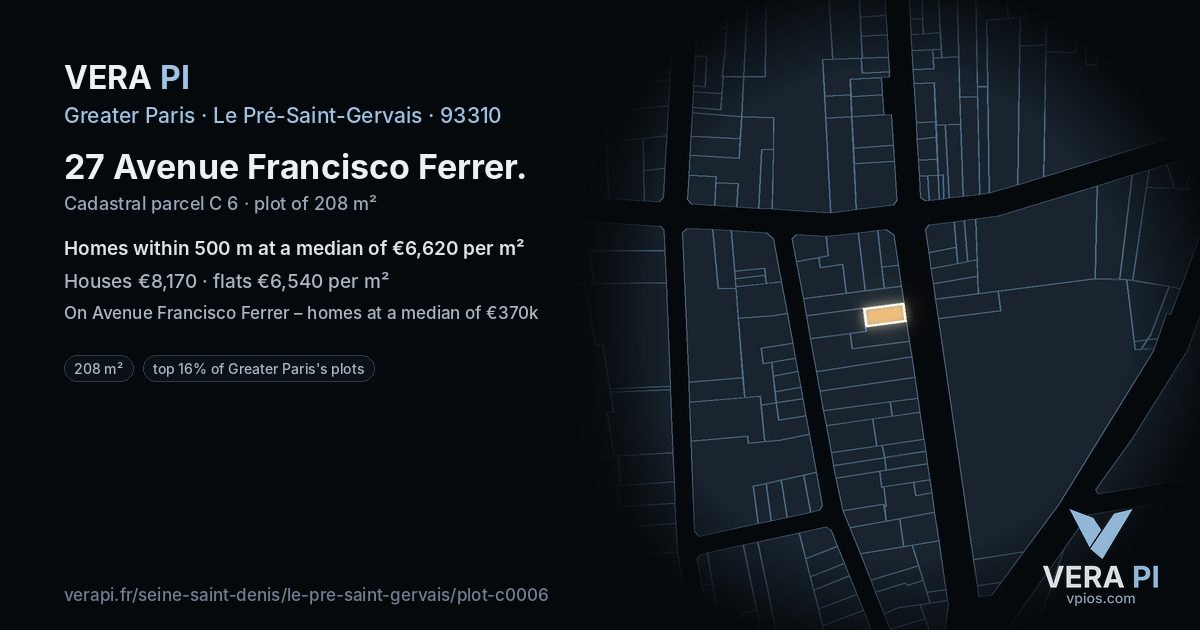 27 Avenue Francisco Ferrer, Le Pré-Saint-Gervais at night – the plot lit, the parcels around coloured by the prices near them