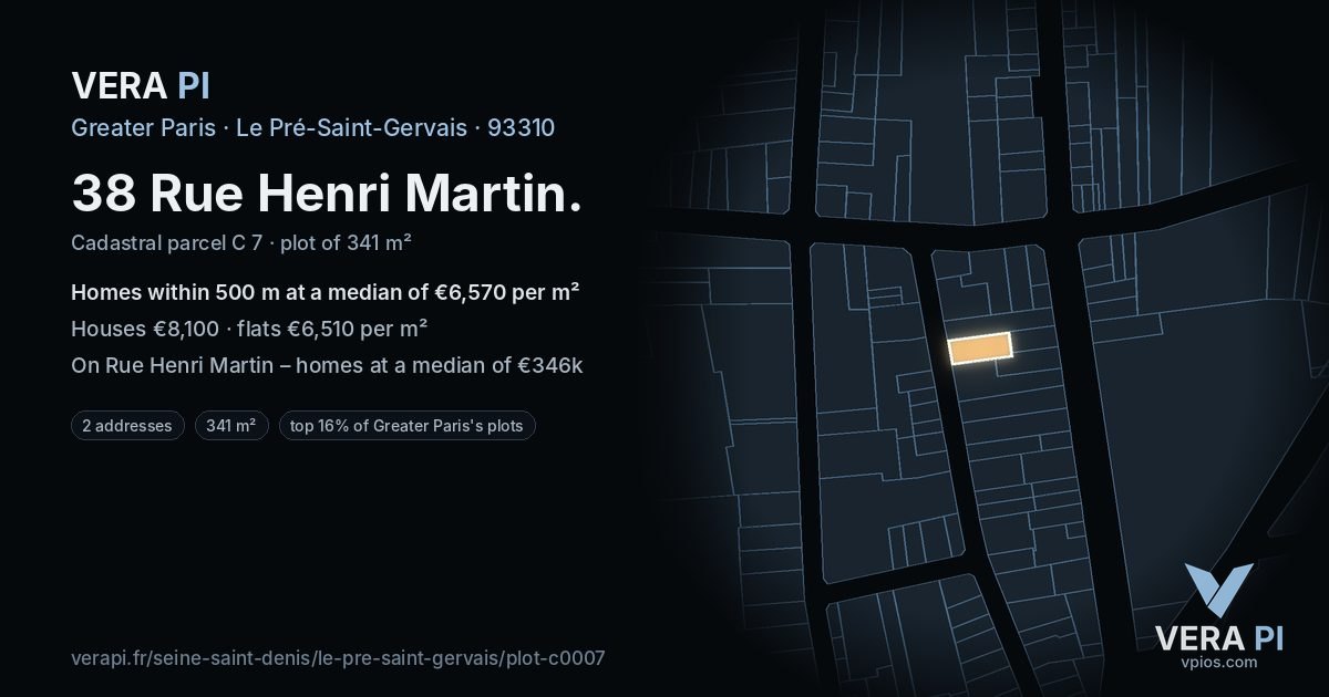 38 Rue Henri Martin, Le Pré-Saint-Gervais at night – the plot lit, the parcels around coloured by the prices near them