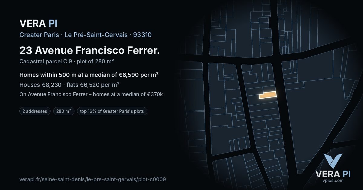 23 Avenue Francisco Ferrer, Le Pré-Saint-Gervais at night – the plot lit, the parcels around coloured by the prices near them