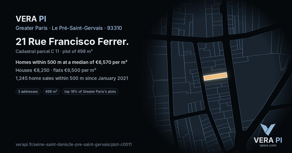 21 Rue Francisco Ferrer, Le Pré-Saint-Gervais at night – the plot lit, the parcels around coloured by the prices near them