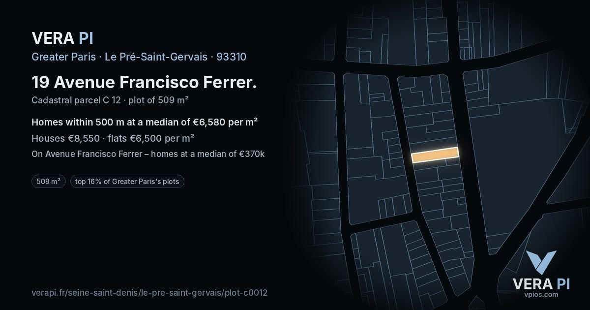 19 Avenue Francisco Ferrer, Le Pré-Saint-Gervais at night – the plot lit, the parcels around coloured by the prices near them