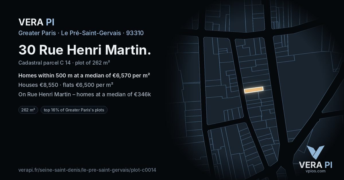30 Rue Henri Martin, Le Pré-Saint-Gervais at night – the plot lit, the parcels around coloured by the prices near them