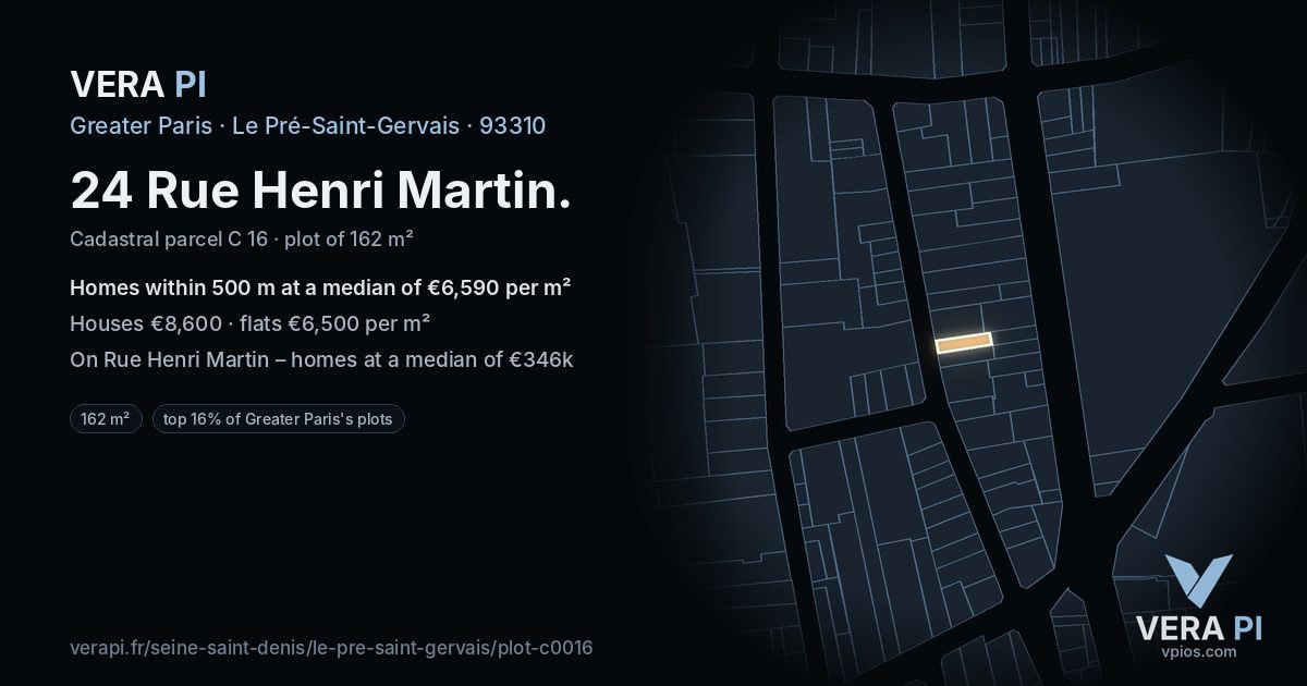 24 Rue Henri Martin, Le Pré-Saint-Gervais at night – the plot lit, the parcels around coloured by the prices near them