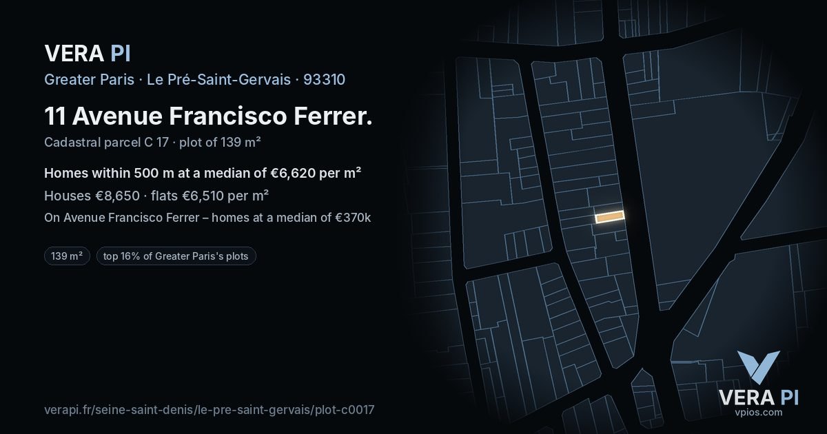 11 Avenue Francisco Ferrer, Le Pré-Saint-Gervais at night – the plot lit, the parcels around coloured by the prices near them