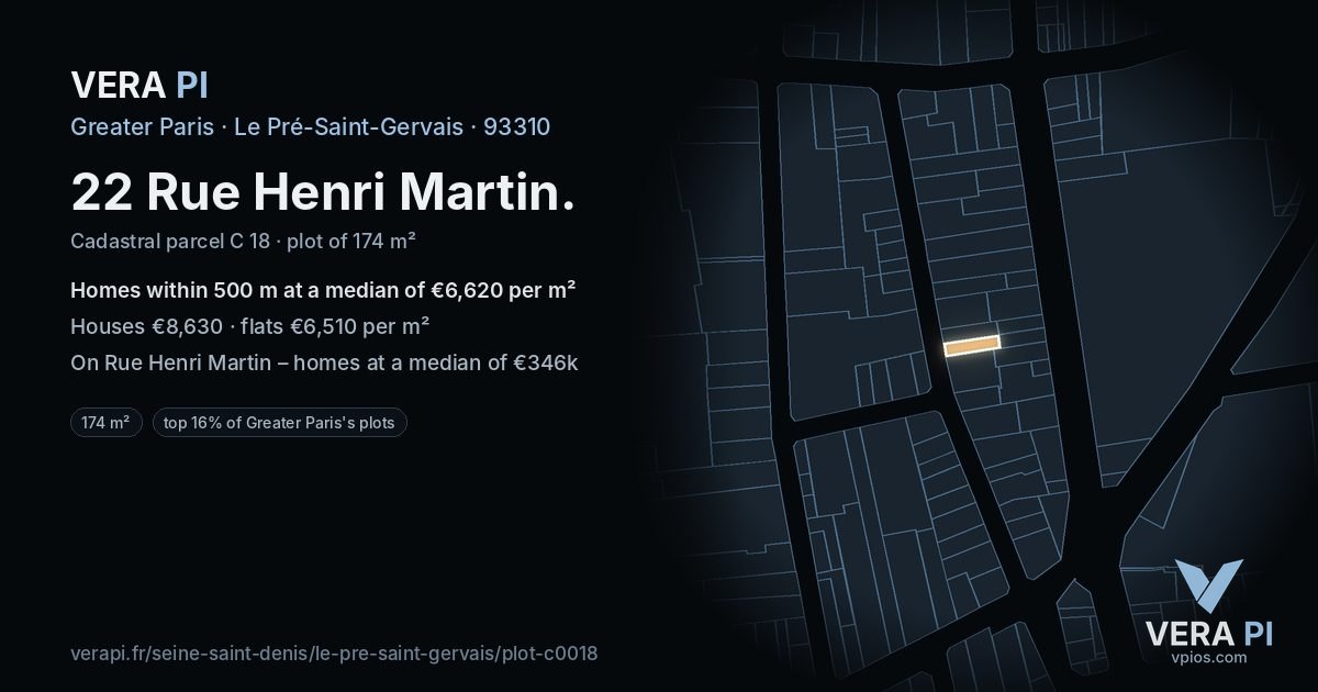 22 Rue Henri Martin, Le Pré-Saint-Gervais at night – the plot lit, the parcels around coloured by the prices near them