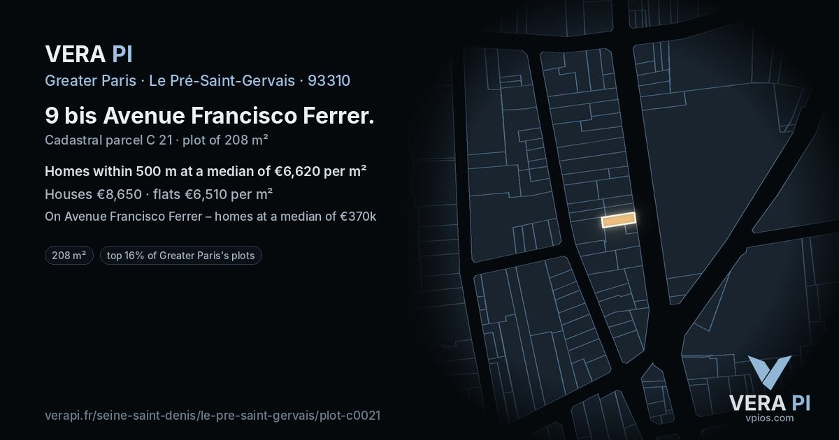 9 bis Avenue Francisco Ferrer, Le Pré-Saint-Gervais at night – the plot lit, the parcels around coloured by the prices near them