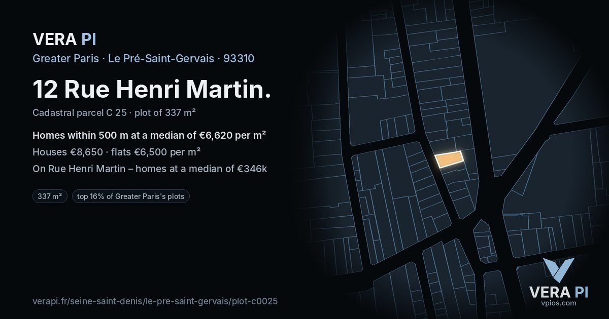 12 Rue Henri Martin, Le Pré-Saint-Gervais at night – the plot lit, the parcels around coloured by the prices near them