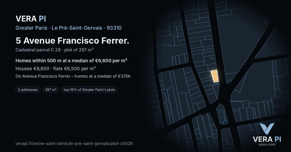 5 Avenue Francisco Ferrer, Le Pré-Saint-Gervais at night – the plot lit, the parcels around coloured by the prices near them