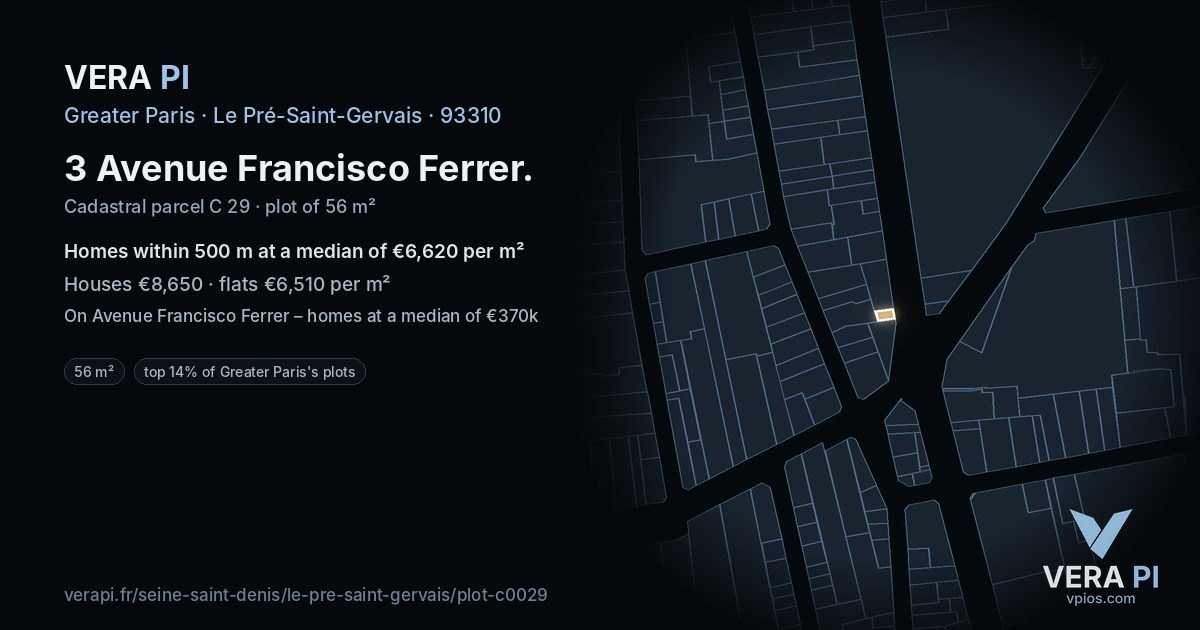 3 Avenue Francisco Ferrer, Le Pré-Saint-Gervais at night – the plot lit, the parcels around coloured by the prices near them