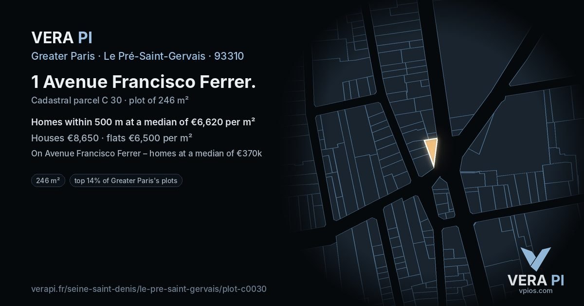 1 Avenue Francisco Ferrer, Le Pré-Saint-Gervais at night – the plot lit, the parcels around coloured by the prices near them