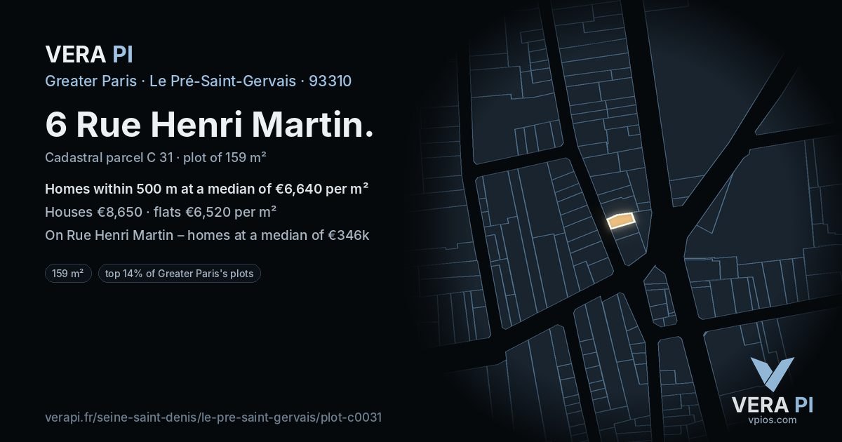 6 Rue Henri Martin, Le Pré-Saint-Gervais at night – the plot lit, the parcels around coloured by the prices near them