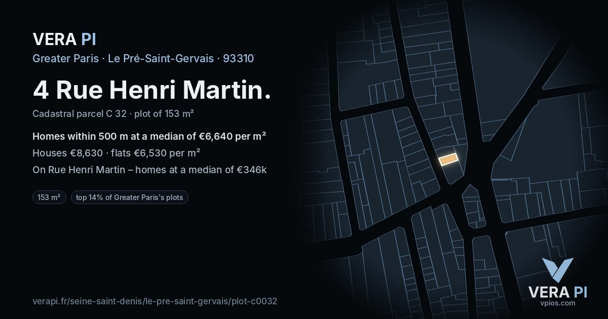 4 Rue Henri Martin, Le Pré-Saint-Gervais at night – the plot lit, the parcels around coloured by the prices near them