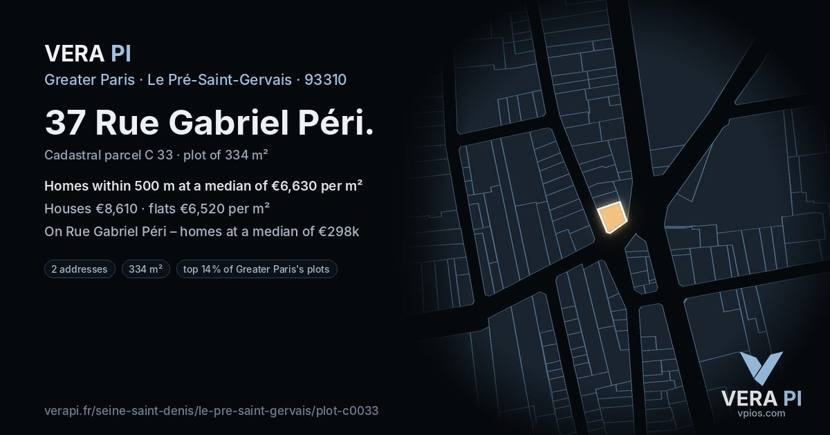 37 Rue Gabriel Péri, Le Pré-Saint-Gervais at night – the plot lit, the parcels around coloured by the prices near them
