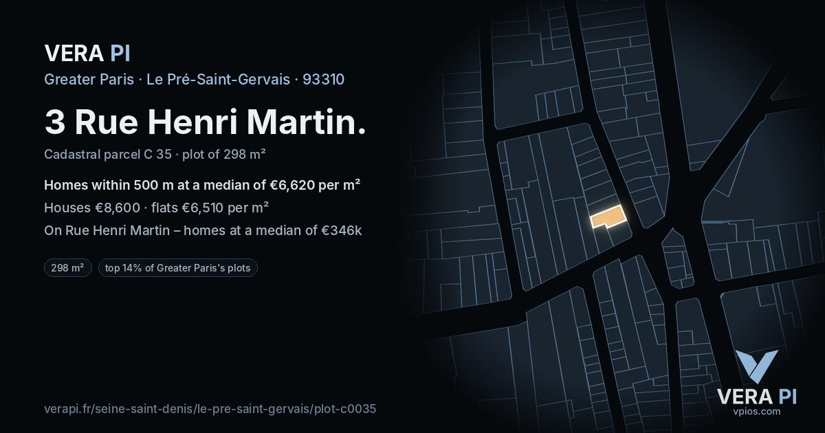 3 Rue Henri Martin, Le Pré-Saint-Gervais at night – the plot lit, the parcels around coloured by the prices near them