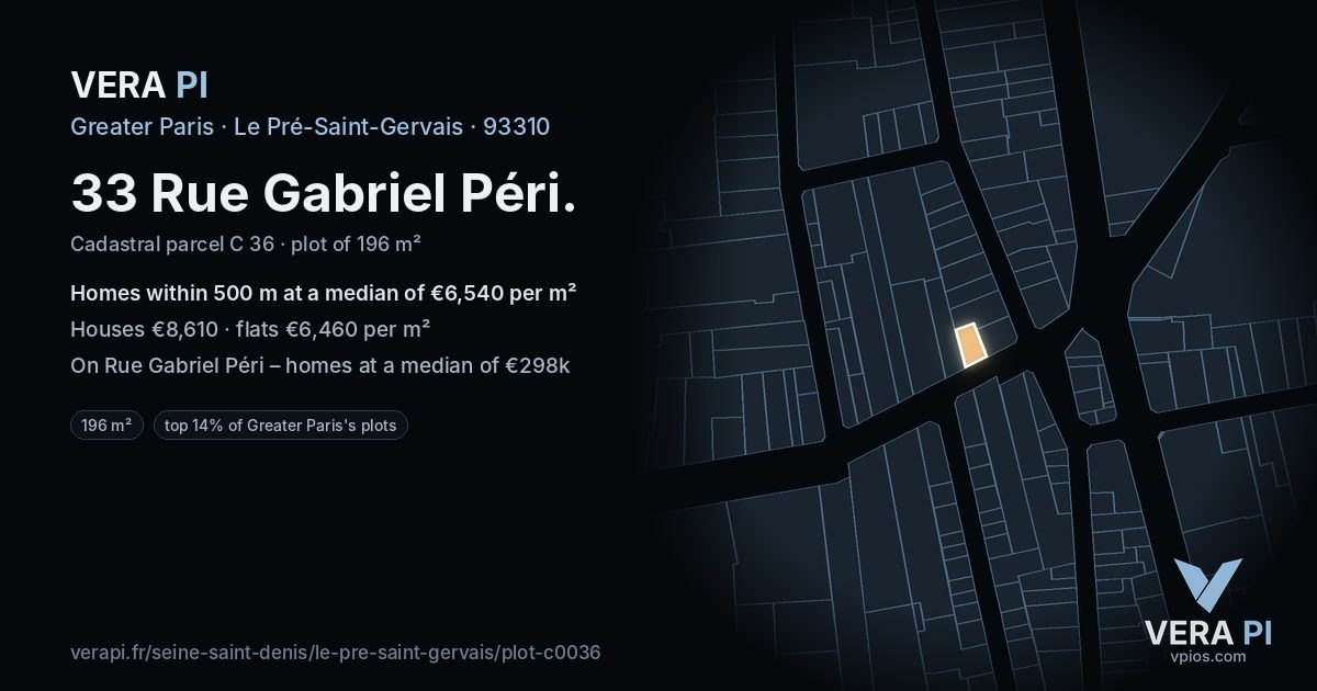 33 Rue Gabriel Péri, Le Pré-Saint-Gervais at night – the plot lit, the parcels around coloured by the prices near them