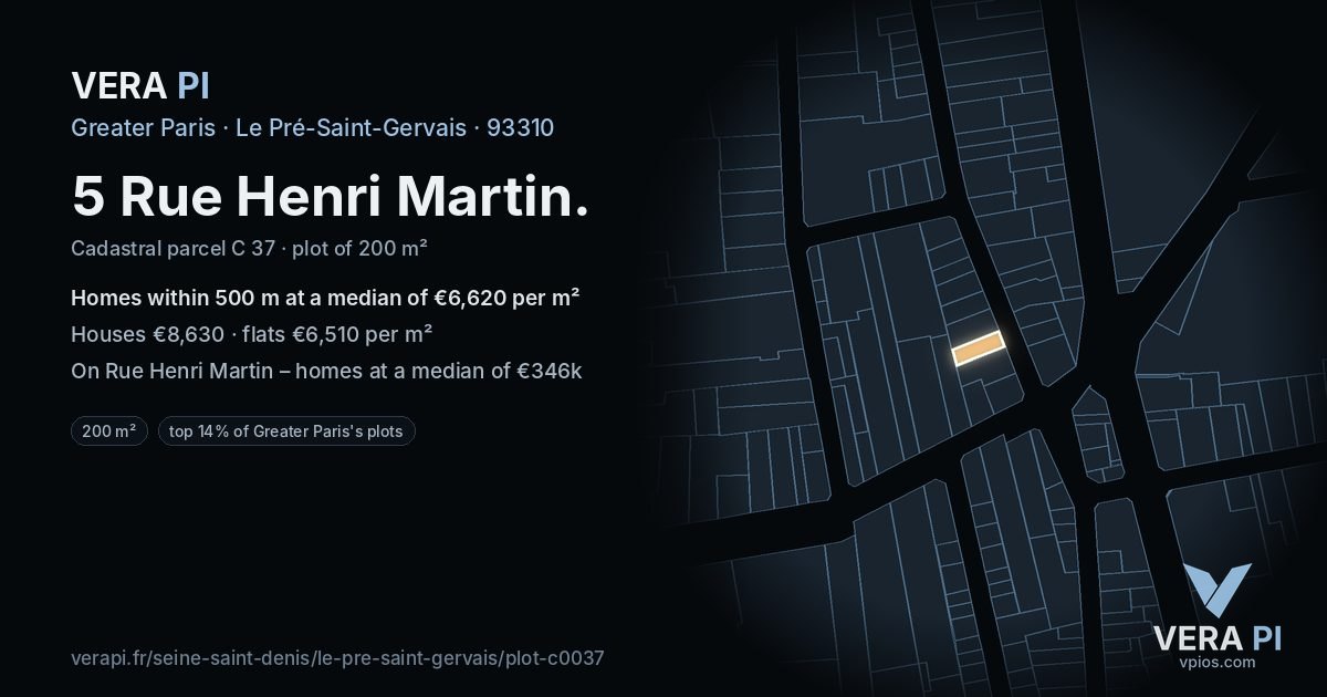 5 Rue Henri Martin, Le Pré-Saint-Gervais at night – the plot lit, the parcels around coloured by the prices near them