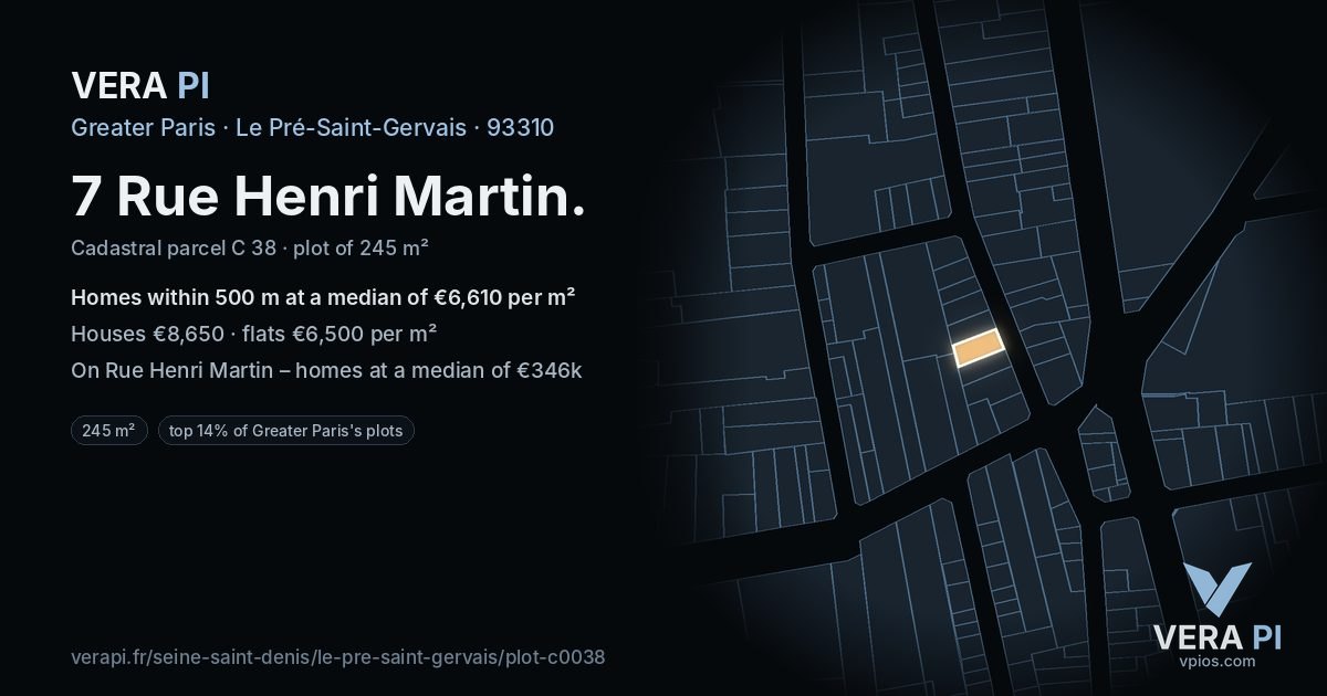 7 Rue Henri Martin, Le Pré-Saint-Gervais at night – the plot lit, the parcels around coloured by the prices near them