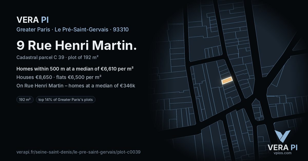 9 Rue Henri Martin, Le Pré-Saint-Gervais at night – the plot lit, the parcels around coloured by the prices near them