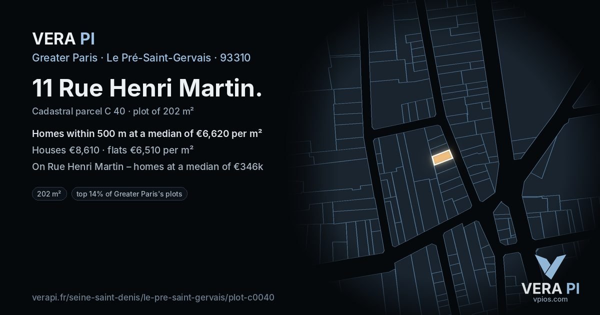 11 Rue Henri Martin, Le Pré-Saint-Gervais at night – the plot lit, the parcels around coloured by the prices near them