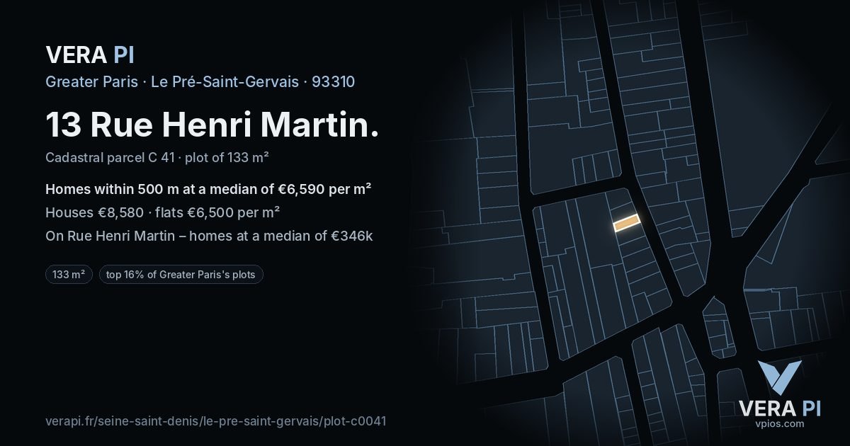 13 Rue Henri Martin, Le Pré-Saint-Gervais at night – the plot lit, the parcels around coloured by the prices near them