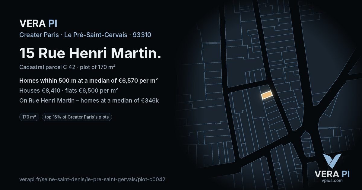 15 Rue Henri Martin, Le Pré-Saint-Gervais at night – the plot lit, the parcels around coloured by the prices near them