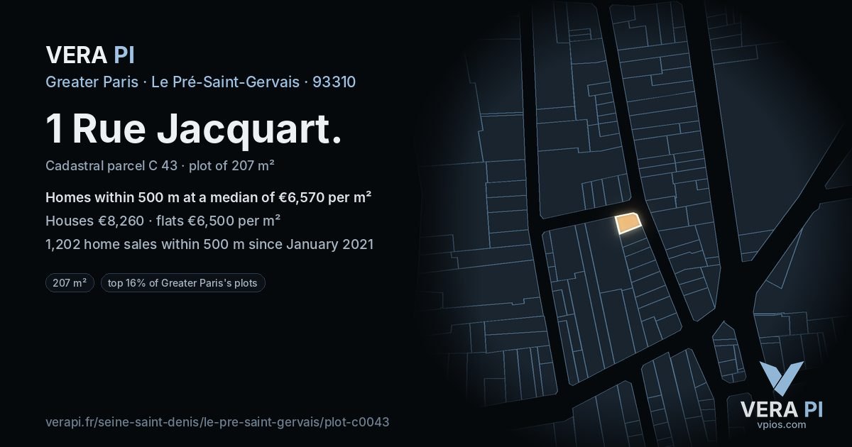 1 Rue Jacquart, Le Pré-Saint-Gervais at night – the plot lit, the parcels around coloured by the prices near them