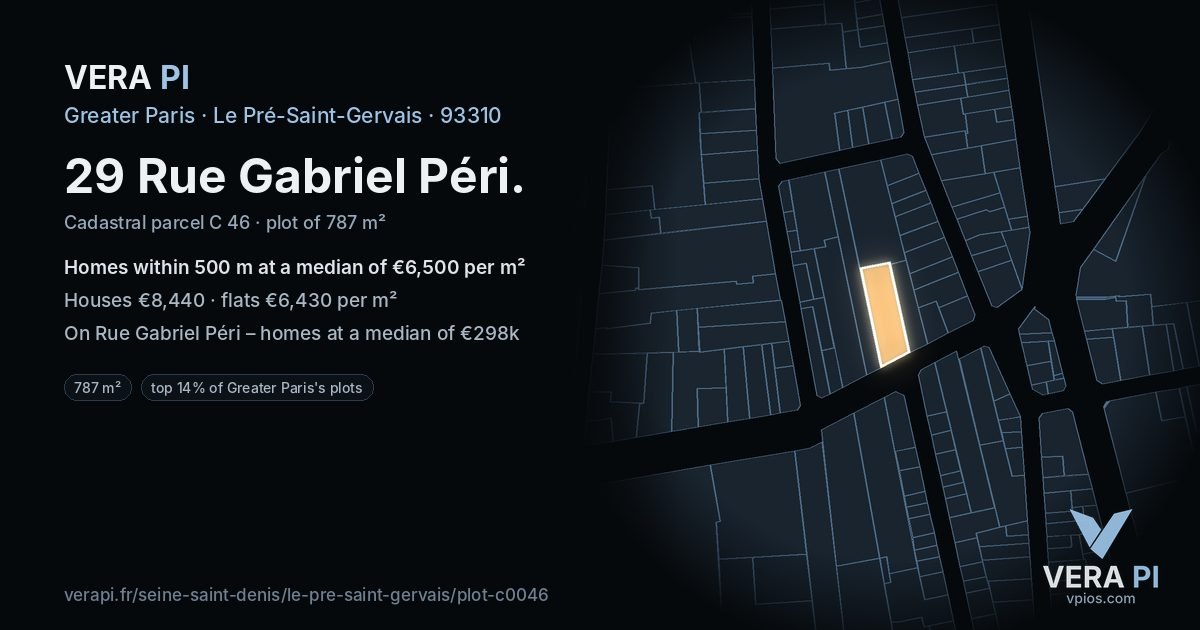 29 Rue Gabriel Péri, Le Pré-Saint-Gervais at night – the plot lit, the parcels around coloured by the prices near them