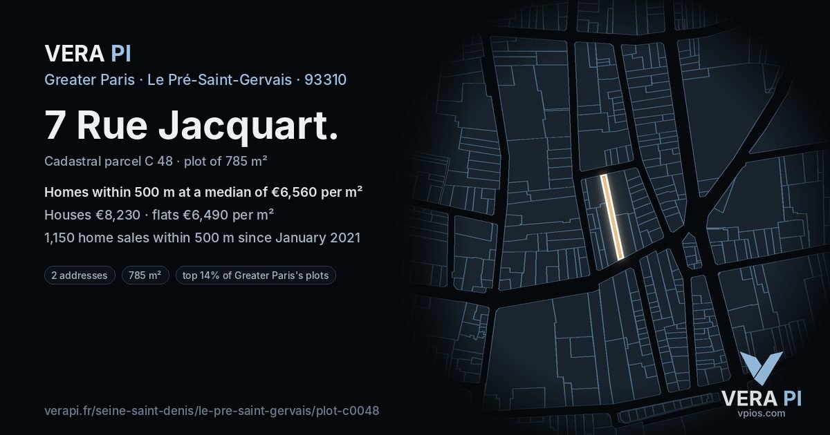 7 Rue Jacquart, Le Pré-Saint-Gervais at night – the plot lit, the parcels around coloured by the prices near them