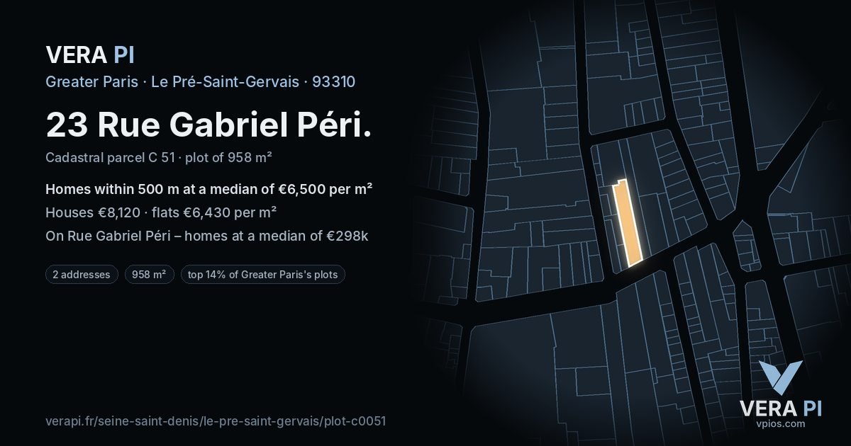 23 Rue Gabriel Péri, Le Pré-Saint-Gervais at night – the plot lit, the parcels around coloured by the prices near them