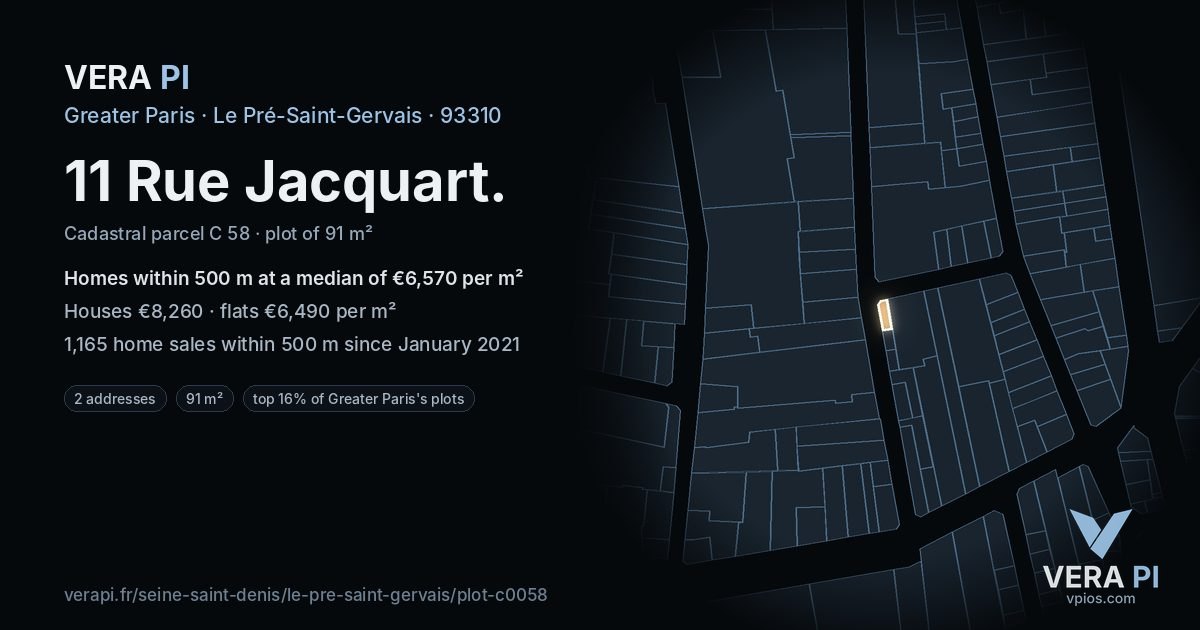 11 Rue Jacquart, Le Pré-Saint-Gervais at night – the plot lit, the parcels around coloured by the prices near them
