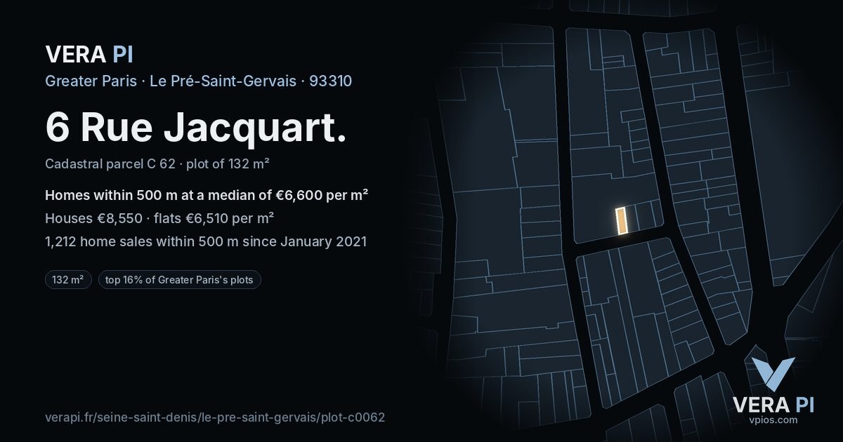 6 Rue Jacquart, Le Pré-Saint-Gervais at night – the plot lit, the parcels around coloured by the prices near them