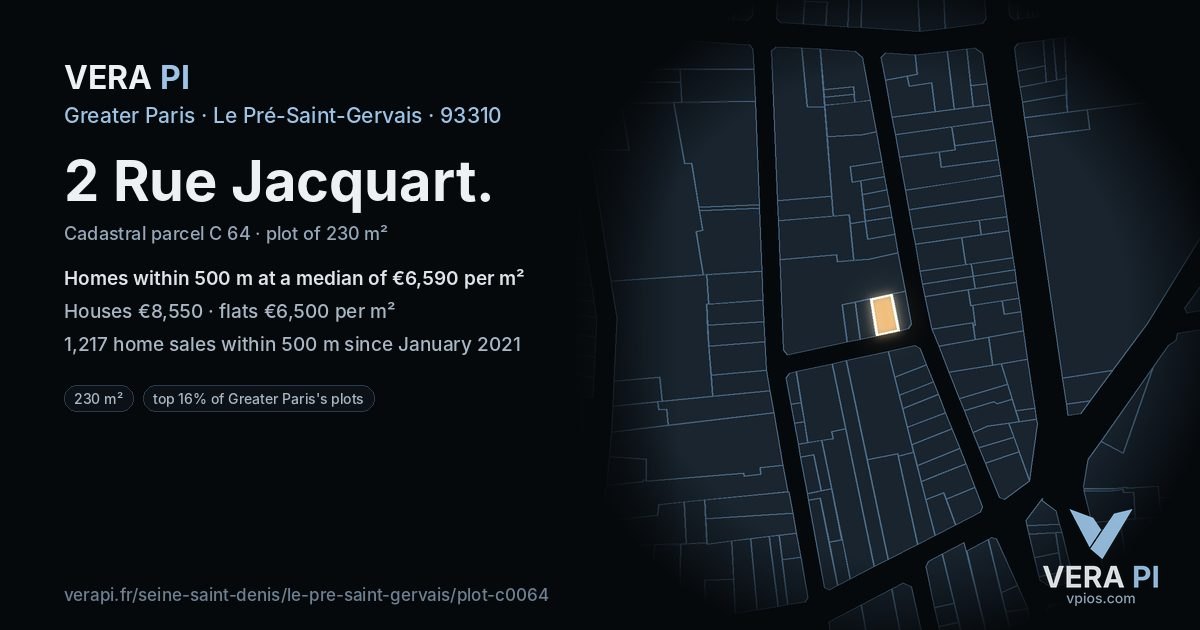 2 Rue Jacquart, Le Pré-Saint-Gervais at night – the plot lit, the parcels around coloured by the prices near them