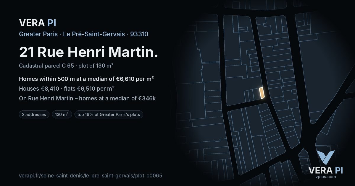 21 Rue Henri Martin, Le Pré-Saint-Gervais at night – the plot lit, the parcels around coloured by the prices near them