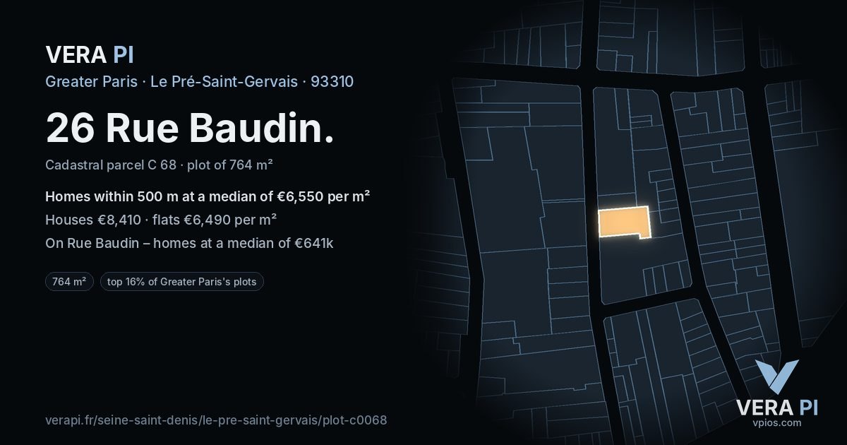 26 Rue Baudin, Le Pré-Saint-Gervais at night – the plot lit, the parcels around coloured by the prices near them