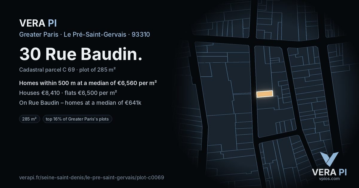 30 Rue Baudin, Le Pré-Saint-Gervais at night – the plot lit, the parcels around coloured by the prices near them