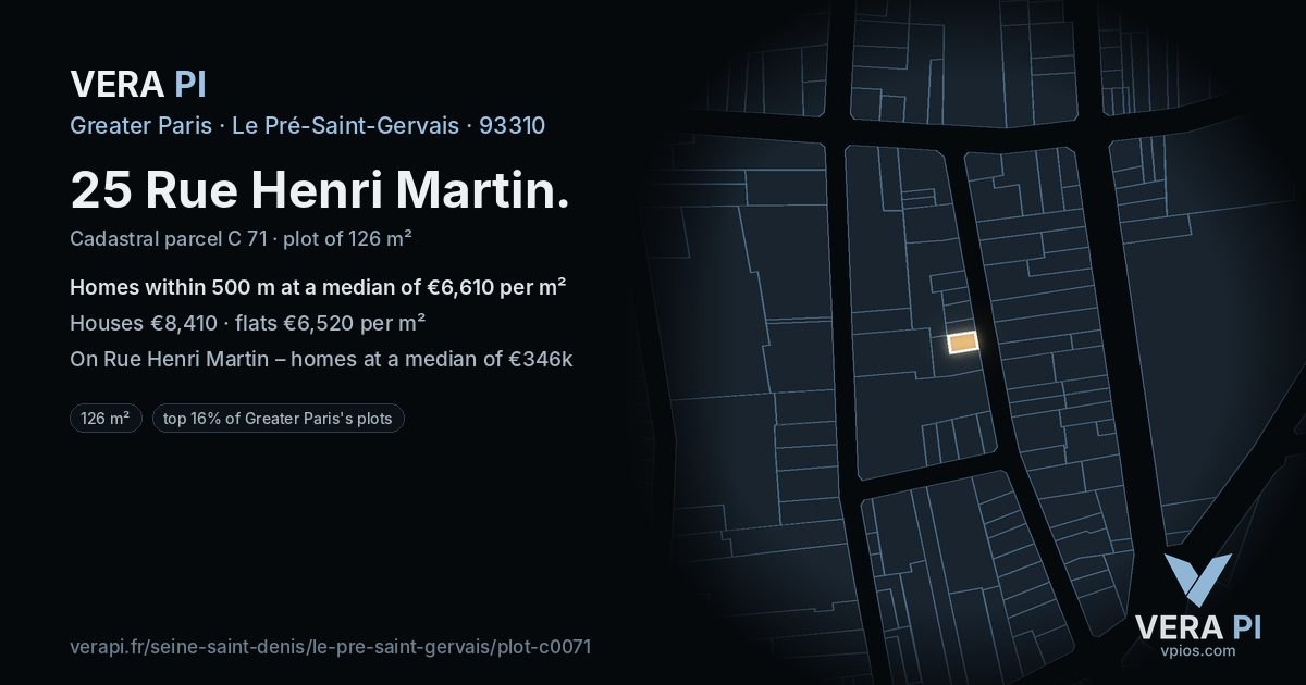 25 Rue Henri Martin, Le Pré-Saint-Gervais at night – the plot lit, the parcels around coloured by the prices near them